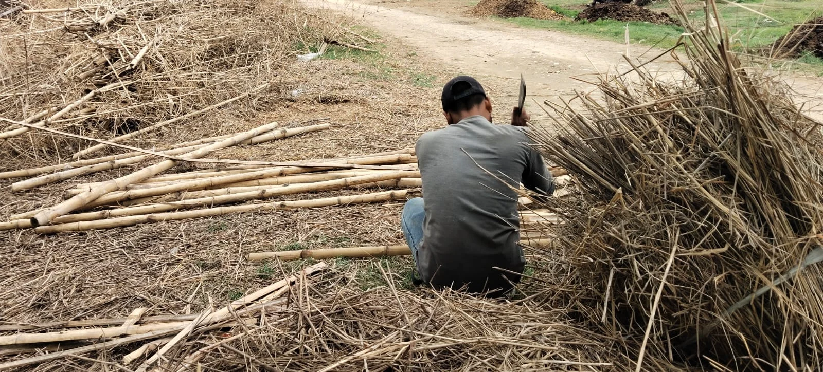 Person sitting alone on dry ground beside a pile of branches
