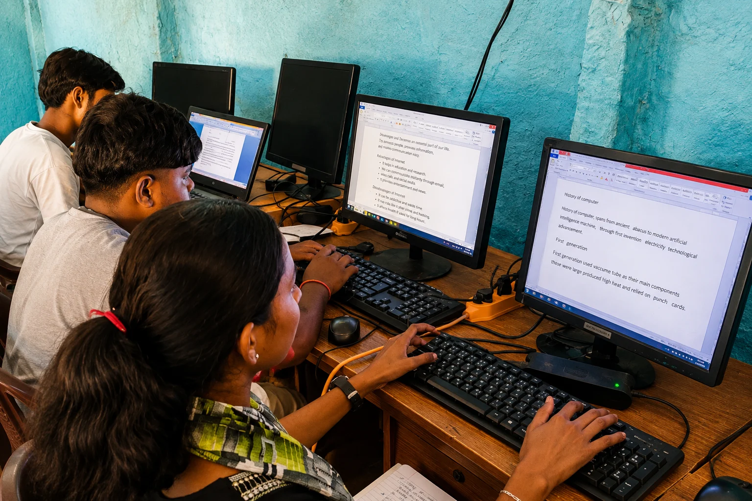 Teenagers learning to use computers together at a desk