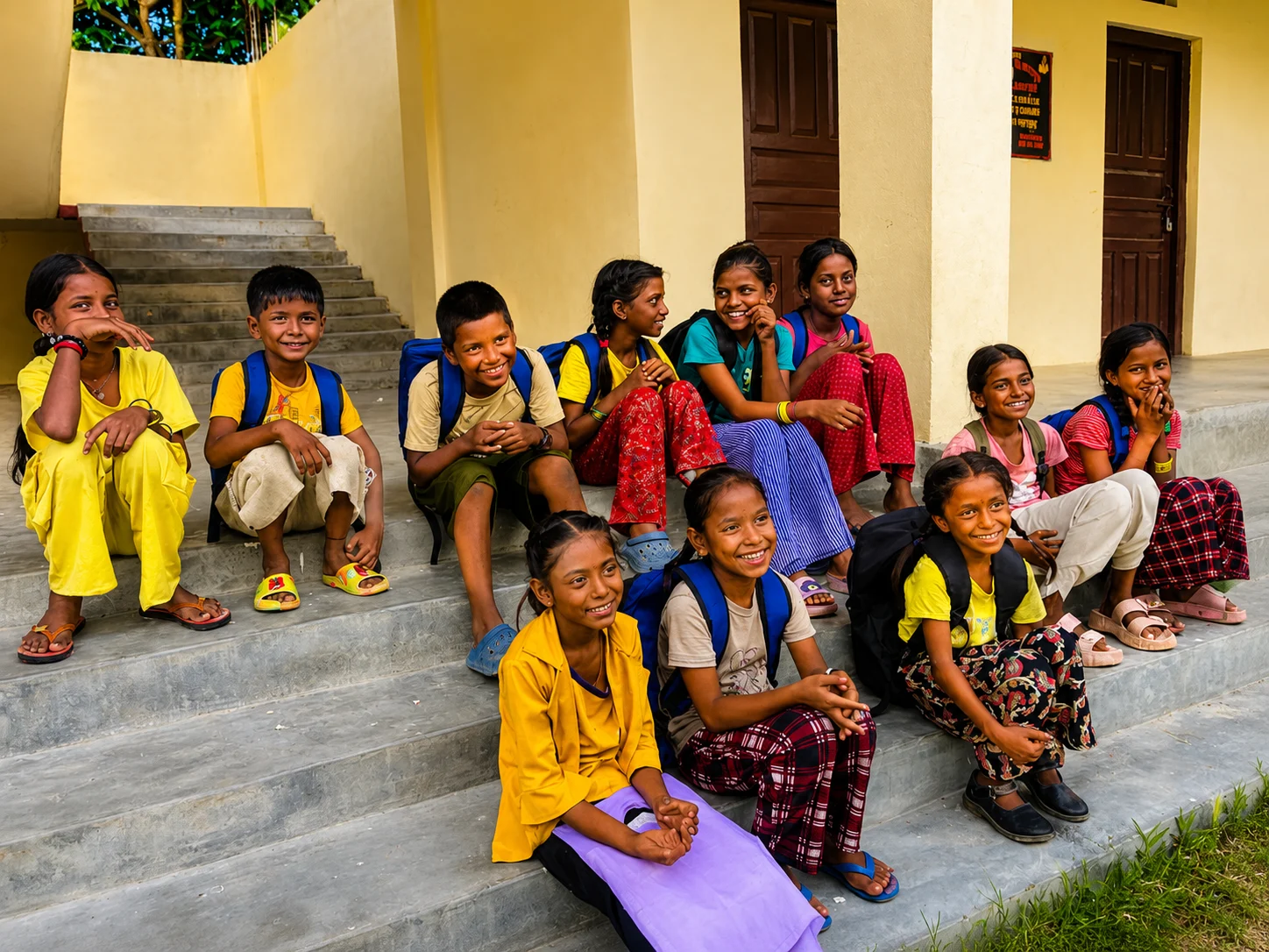 Group of smiling children sitting on school steps
