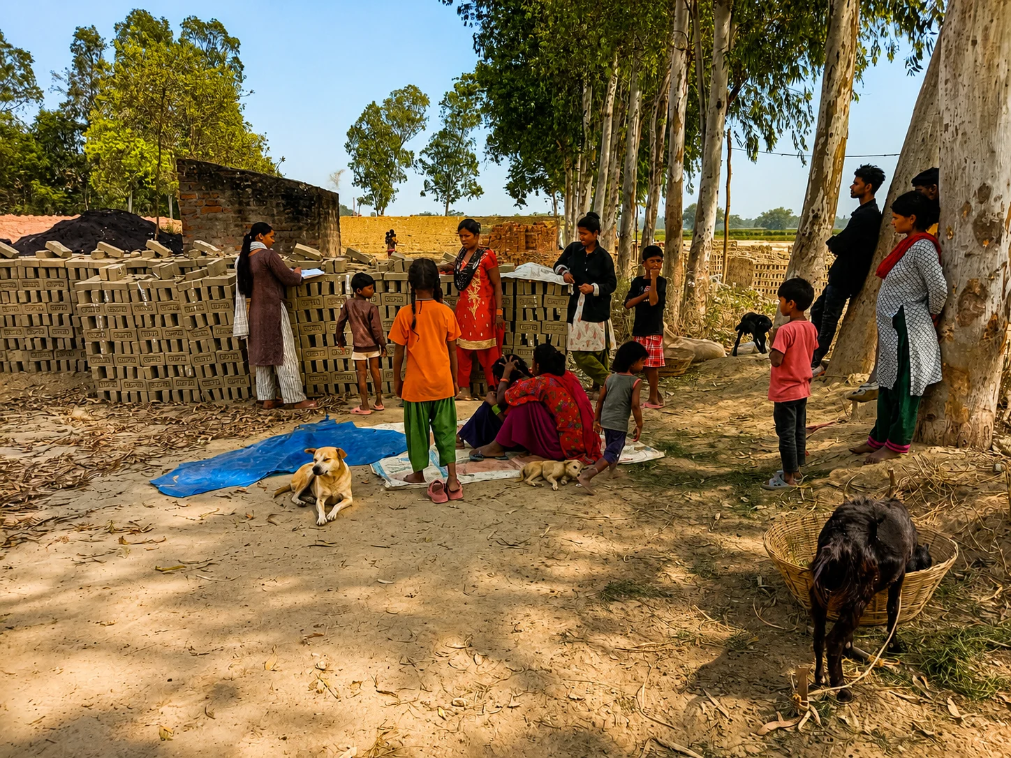 Families and children at a brick kiln with a small dog nearby