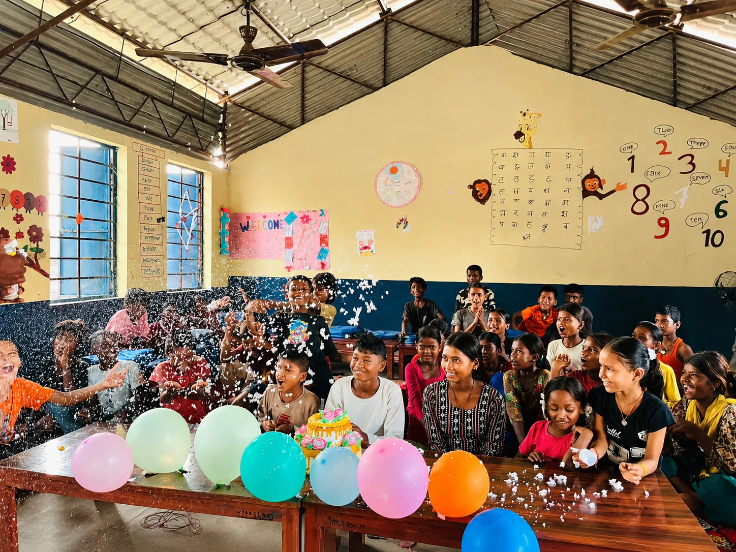 Large group of children celebrating with balloons in a school hall