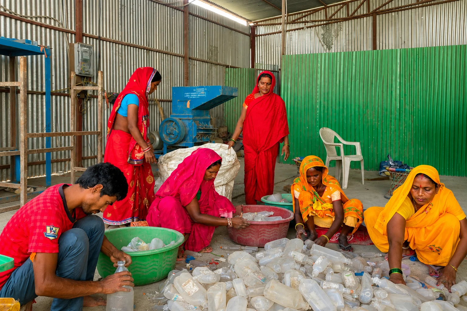 Women sorting and washing plastic for recycling at a recycling centre