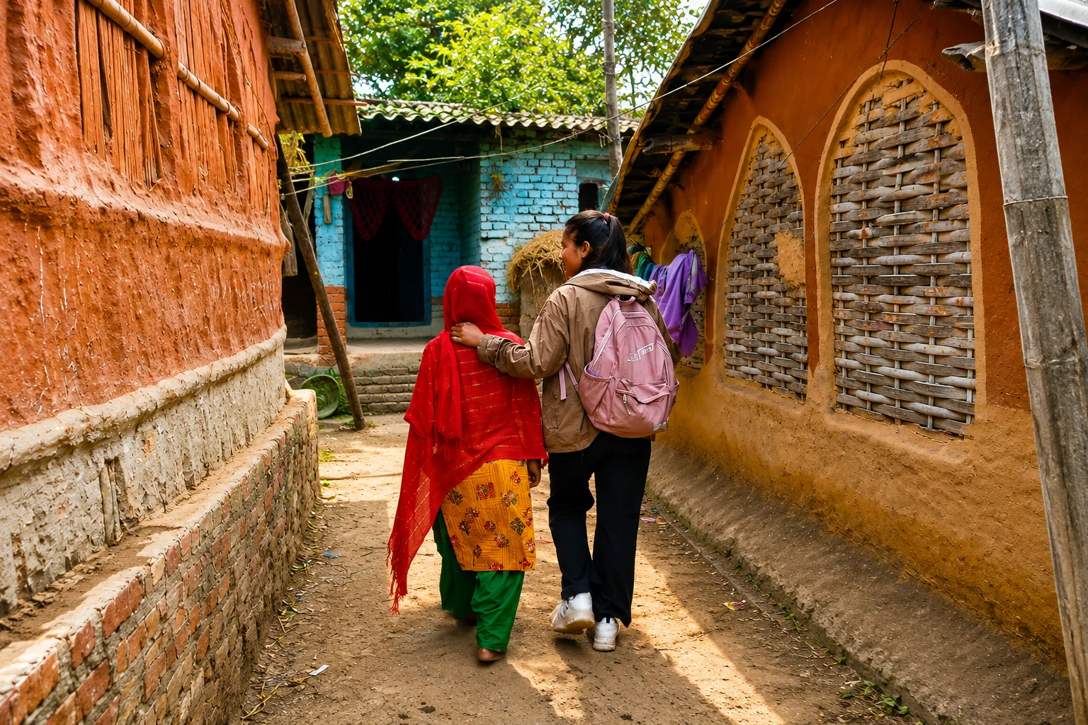 Two women walking down a narrow lane between traditional clay houses