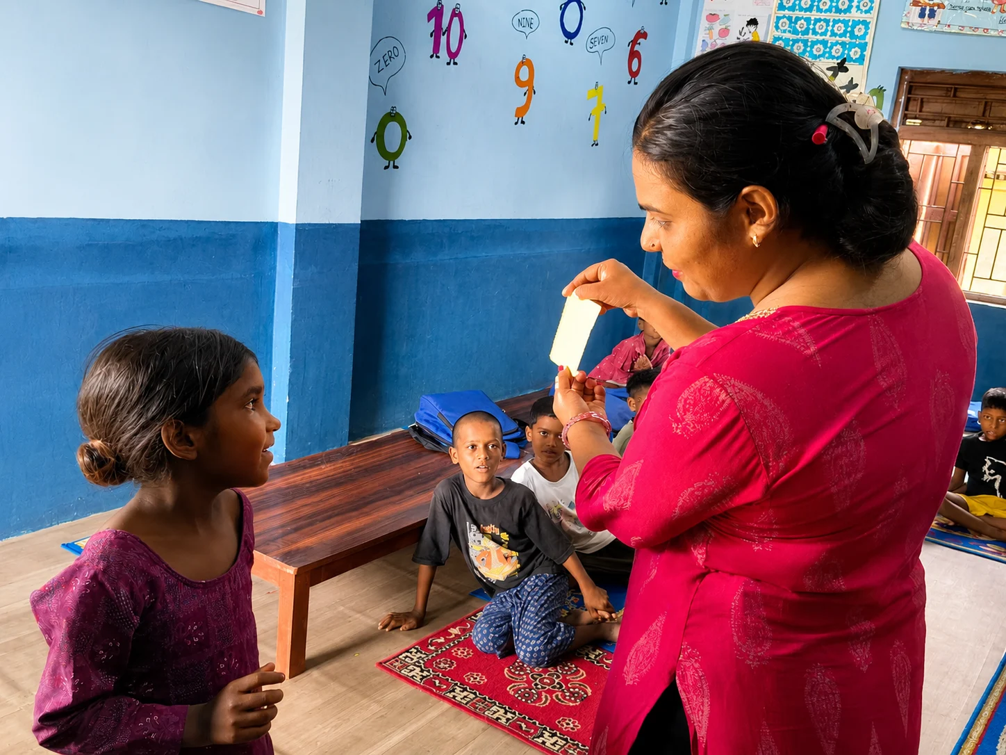 Teacher in a red kurta showing a card to a young girl in a classroom