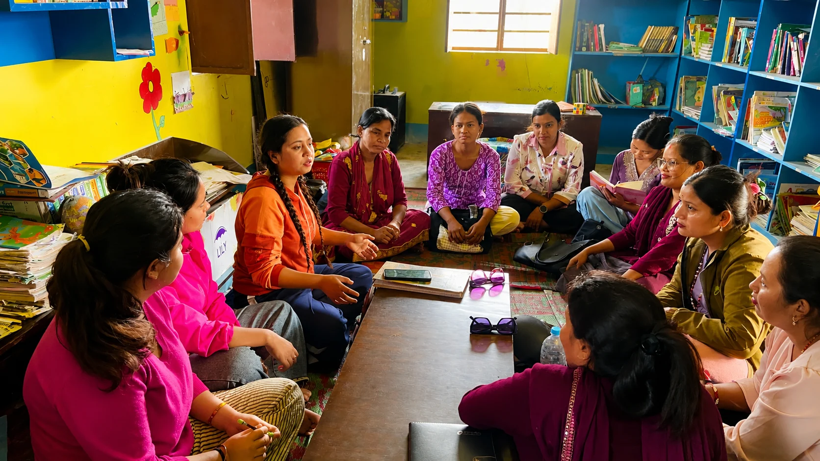 More than a library Women gathered in a circle in a brightly decorated library room