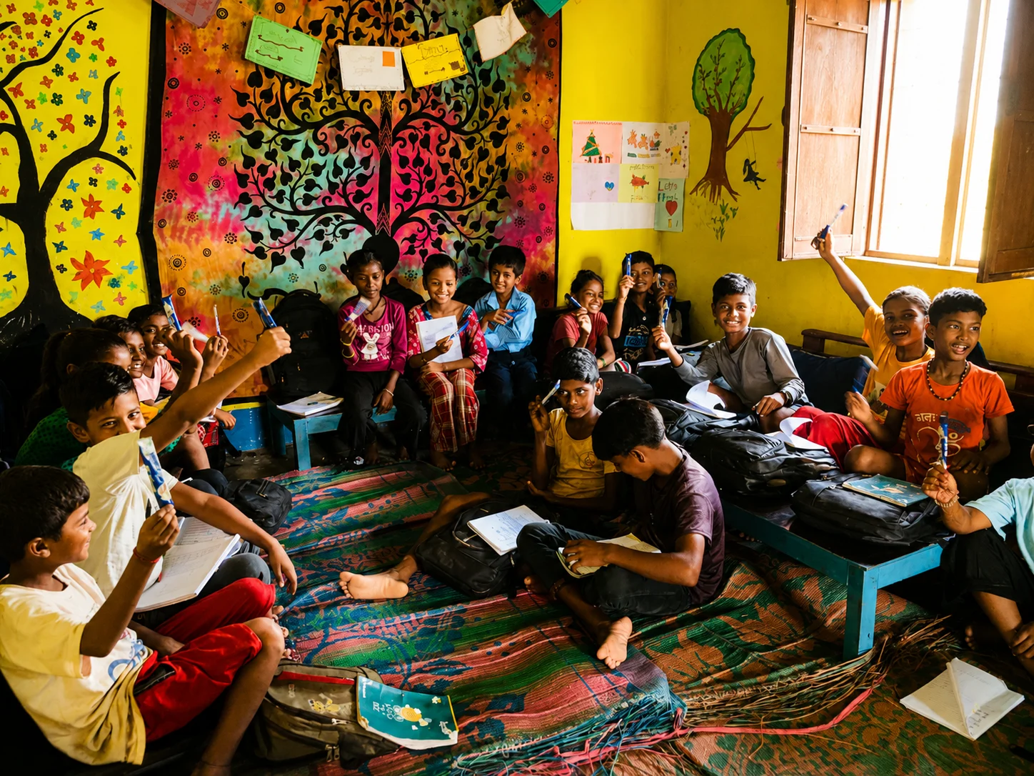 Opening another door Children and teachers in a bright, colourfully painted learning centre