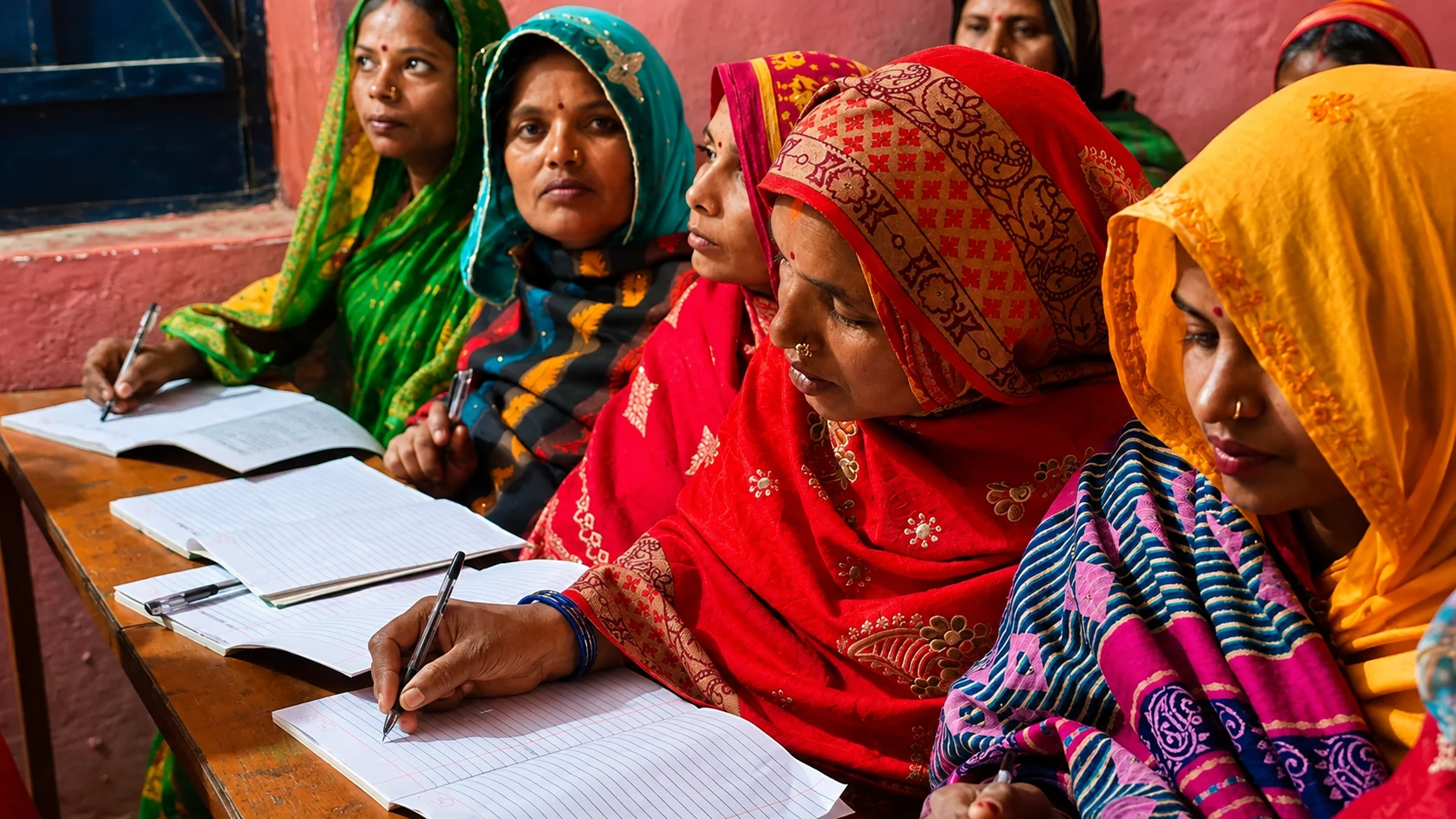 Women in bright saris writing in notebooks at a training session