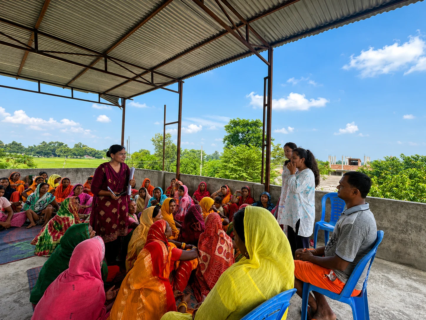 Women in bright saris sitting together in an open-sided meeting hall