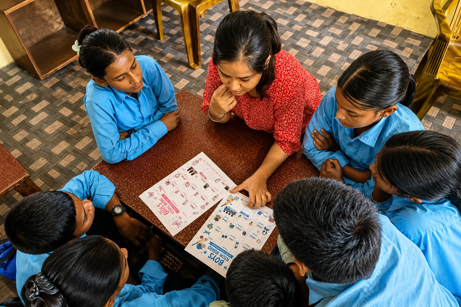 Children in blue tops sitting around a table playing a learning game