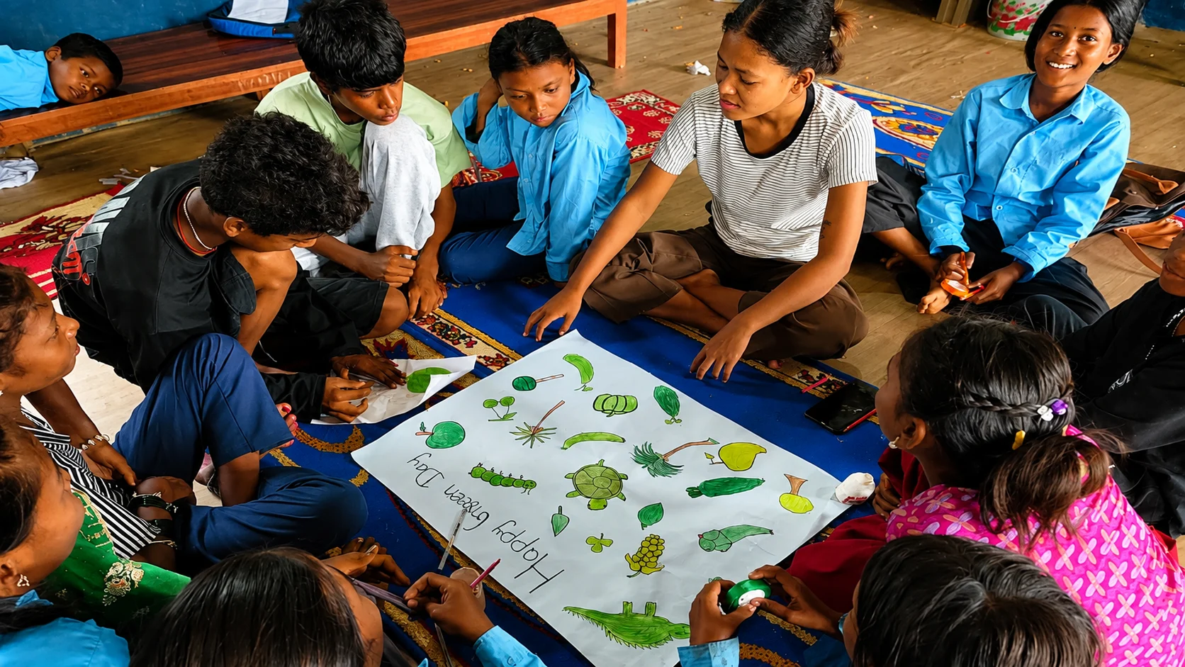 Children working together on a floor activity with paper leaves