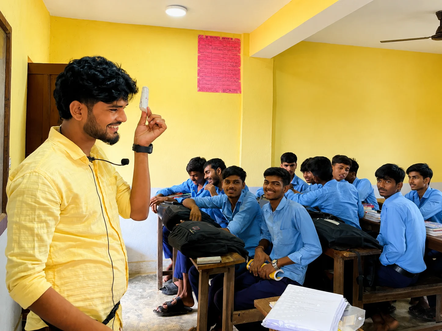 Teacher in a yellow shirt speaking to a class of students in blue