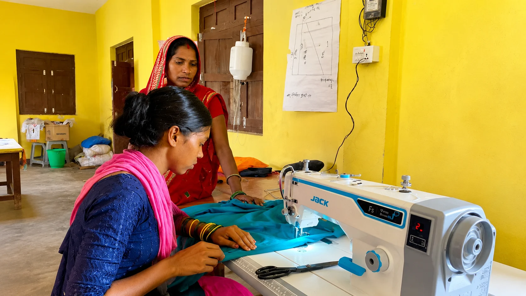 Woman using a sewing machine in a yellow room