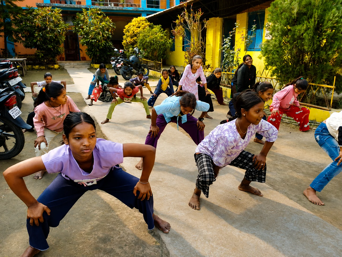 Children and young people exercising together in a courtyard