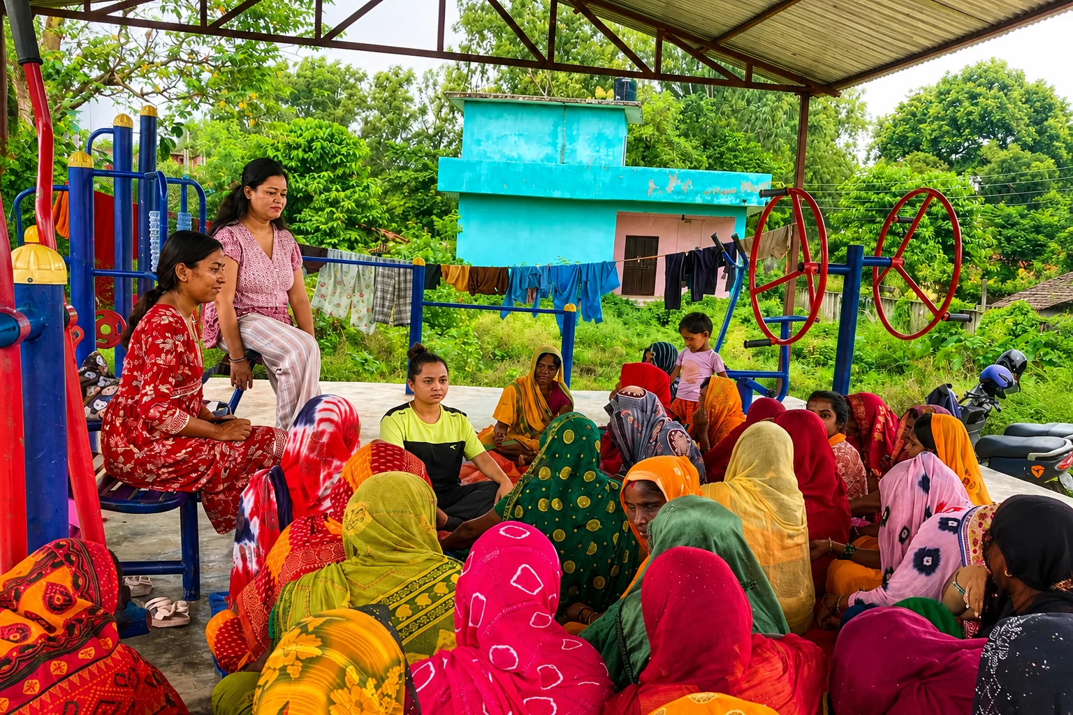 Women in colourful saris sitting at a community meeting under a shelter