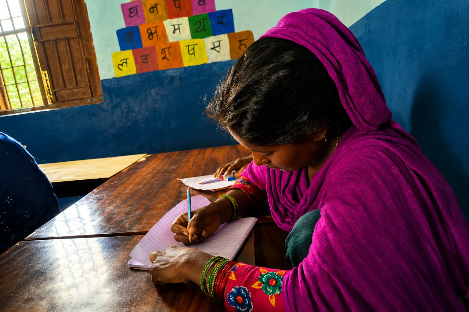 Girl in a pink headscarf writing at a school desk