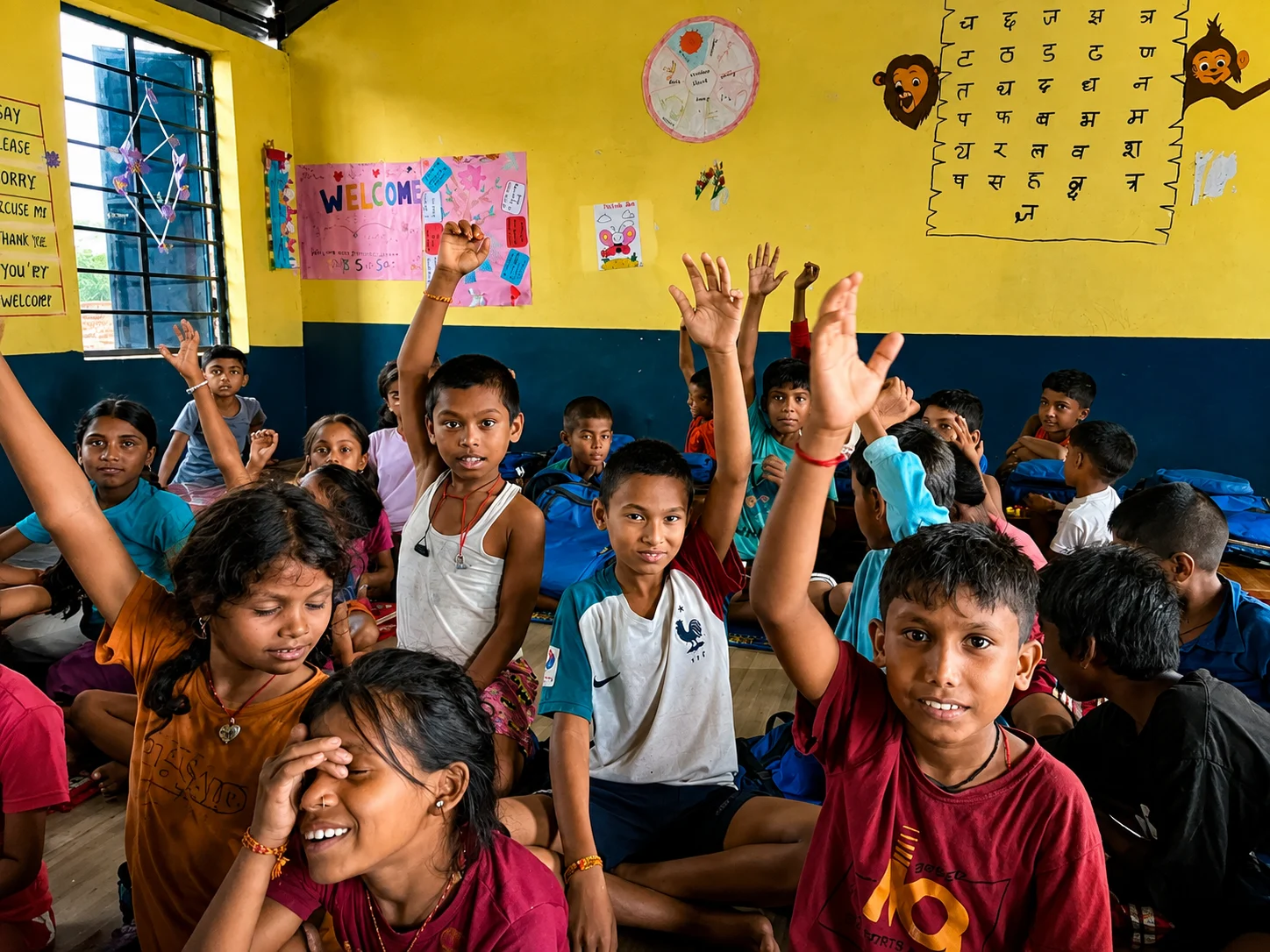 Children raising their hands and laughing in a classroom
