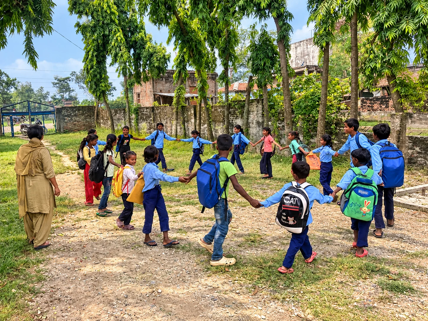 Children in school uniform playing a circle game outdoors under palm trees